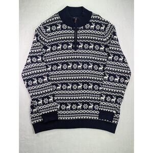 Foundry Supply Co 2XLT Navy/White Sweater w/Deer, Snowflake 1/4 Zip Leather Pull